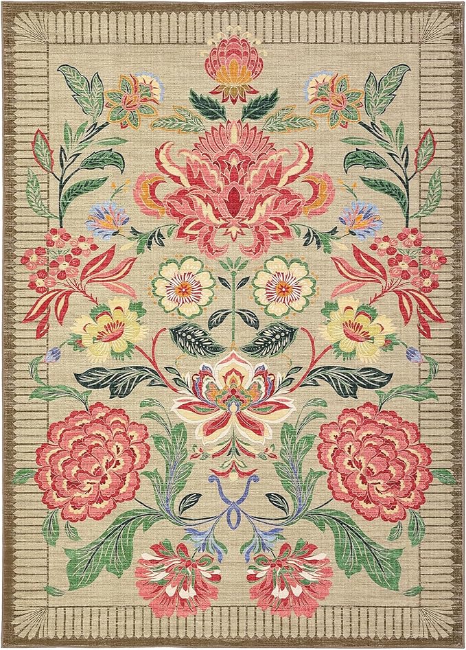 GarveeHome Floral Botanical Washable 9x12 Area Rug for Living Room Soft Camel Taupe Brown Vintage Boho Cottage Large Rugs Low Pile Carpet for Bedroom Dining Nursery Rug