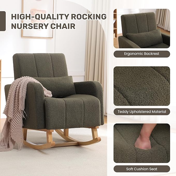 Rocking Chair with Ottoman, Upholstered Nursing Glider Rocker with High Backrest and Side Pocket, Comfy Reading Chair with Solid Wood Legs for Nursery/Living Room/Bedroom Green