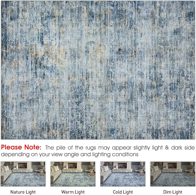 Area Rug 5x7 Living Room Rugs: Abstract Large Washable Rugs with Non-Slip Backing, Thin Carpet for Dining Room Table Bedroom Nursery Indoor Home Office-Blue/Brown