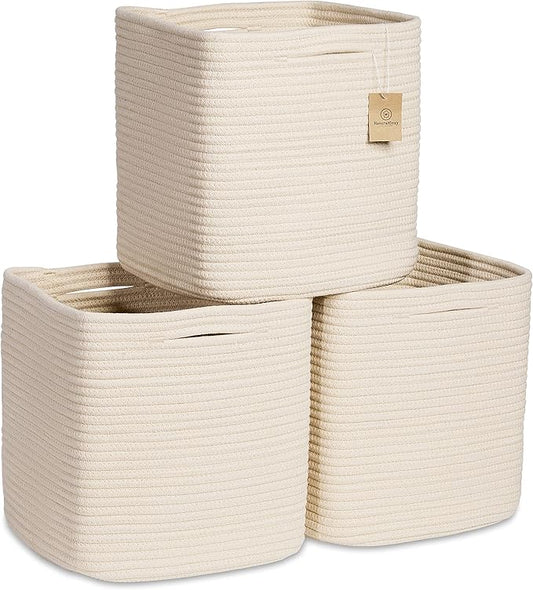 NaturalCozy Storage Cubes 11 Inch Cotton Rope Woven Baskets for Organizing, 3-Pack | Cube Storage Bin | Square Storage Baskets for Shelves Organizer, Classroom, Kids Toy Bins, Closet, Baby Nursery