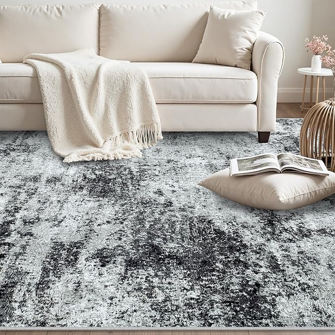 Area Rug 9x12 Washable Rugs: Abstract Large Living Room Rugs with Non-Slip Backing, Stain Resistant Indoor Floor Carpet for Bedroom Dining Room Table Nursery Hallway Home Office Dark Black/Gray