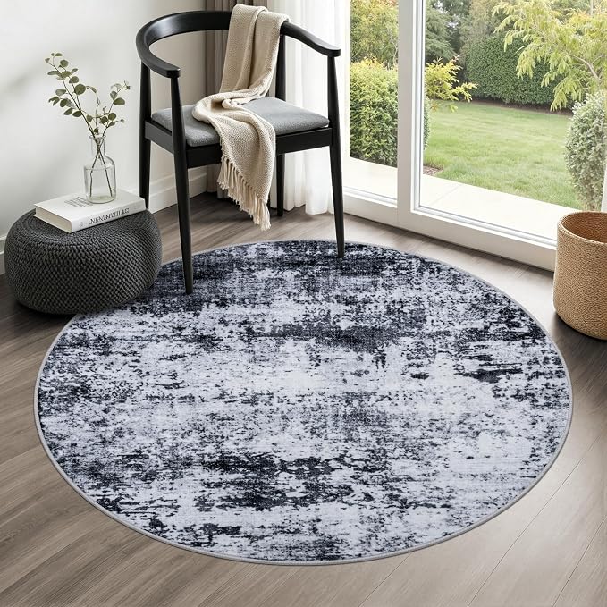 Round Area Rug for Living Room: 4 ft Washable Modern Abstract Soft Thin Rug by FXRHLP