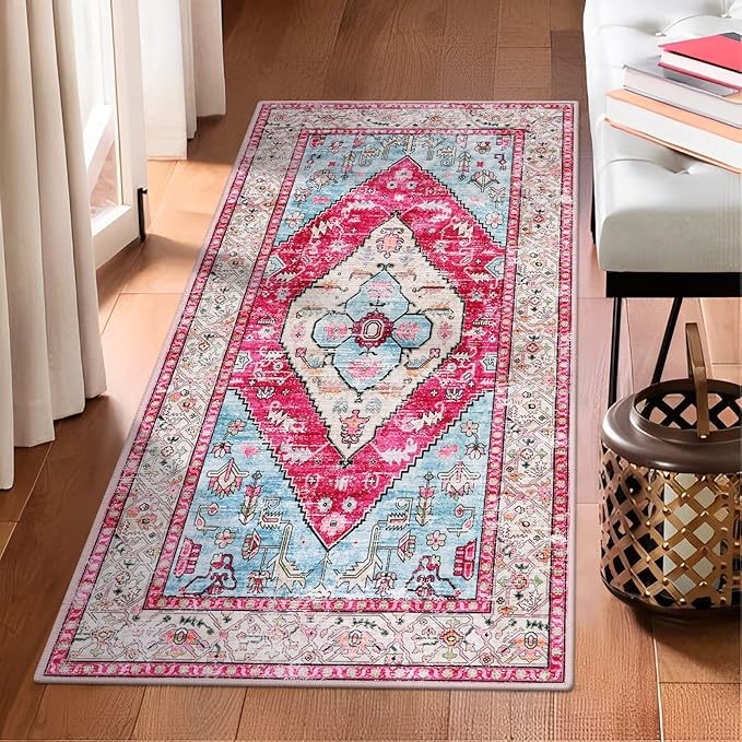 Lahome Boho Round Rug - 4Ft Washable Area Rug, Non-Slip Small Bathroom Rug, Lightweight Bedroom Throw, Oriental Distressed Print Carpet for Entryway, Sofa, Nursery, Kids Room