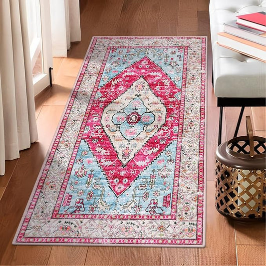 Lahome Boho Round Rug - 4Ft Washable Area Rug, Non-Slip Small Bathroom Rug, Lightweight Bedroom Throw, Oriental Distressed Print Carpet for Entryway, Sofa, Nursery, Kids Room