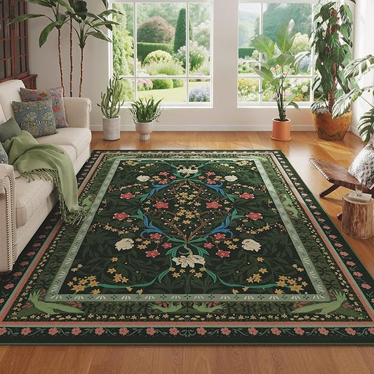 Area Rugs 8x10 for Living Room Clearance Washable Vintage Floral Botanical Rug Non Slip Low Pile Large Rug for Bedroom, Farmhouse, Dining Room, Kids Playroom, Green