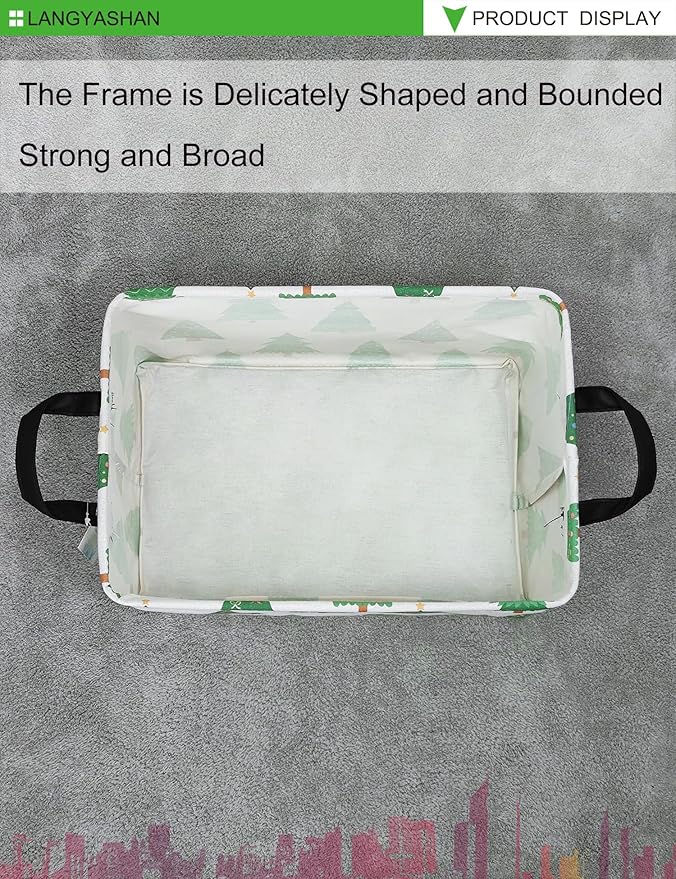 LANGYASHAN Rectangular Storage Bin Collapse Canvas Fabric Cartoon Storage Basket with Handles for Organizing Home Kitchen Boys and Girls Toys Office Closet Shelf Baskets (Rec christmas tree)