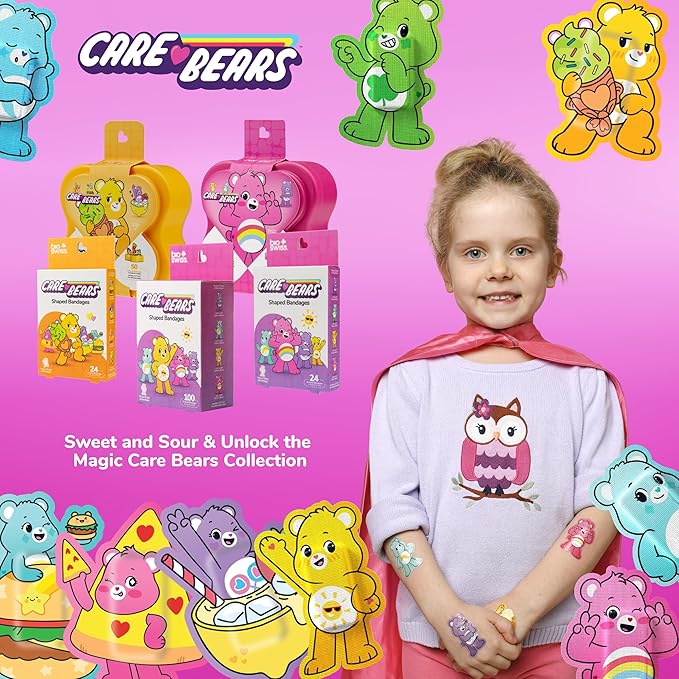 BioSwiss Care Bears Bandages, Unlock The Magic Care Bear Shaped Self Adhesive Bandage, Latex Free Sterile Wound Care, Fun First Aid Kit Supplies for Kids, 100 Count