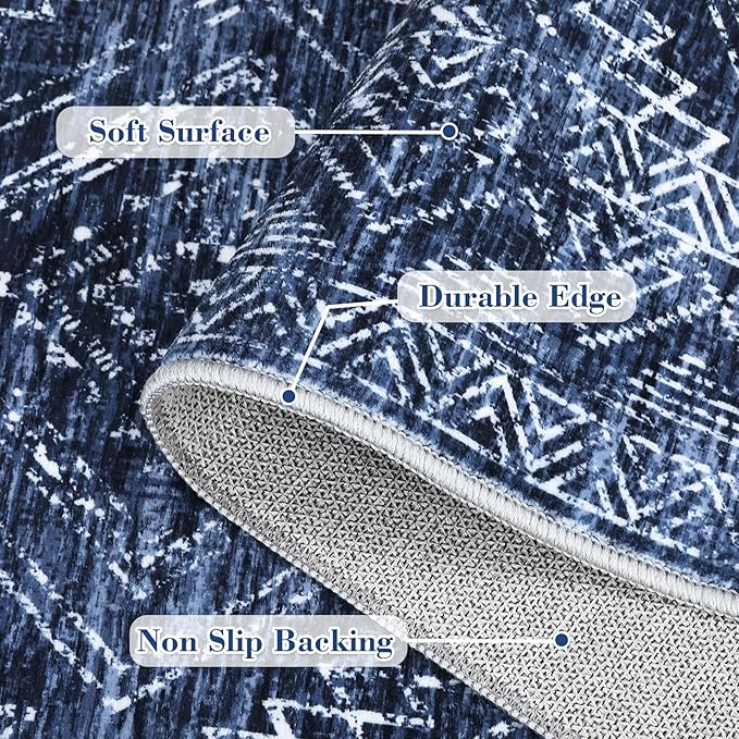 COZYLOOM Living Room Rug 9x12 Machine Washable Area Rugs Modern Abstract Floor Cover Non Slip Low Pile Geometric Mats Stain Resistant Foldable Carpet for Dining Room Bedroom, Blue