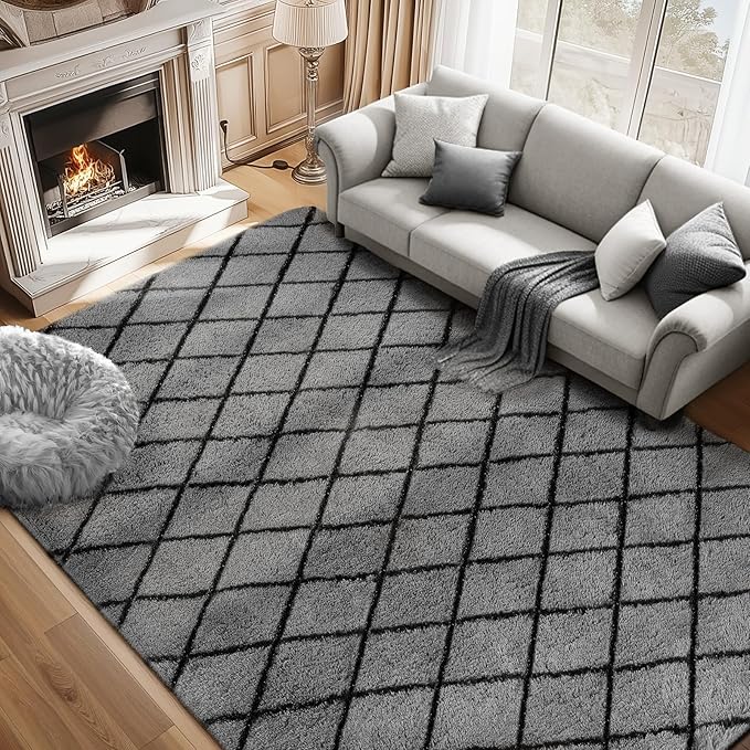 Fluffy Rug for Bedroom, 6X9Feet Stripe Checkered Rug Anti-Skid High Pile for Living Room Bedroom Kids Room Nursery, Dorm Home Decor