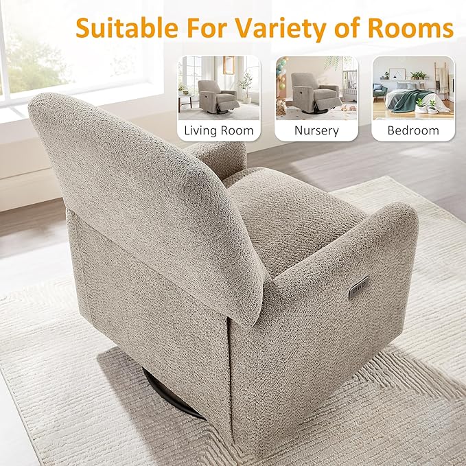 Power Swivel Glider Recliner Chair, Electric Nursery Rocker Recliner Chair, USB & Type-C Charger, Warm Camel Boucle