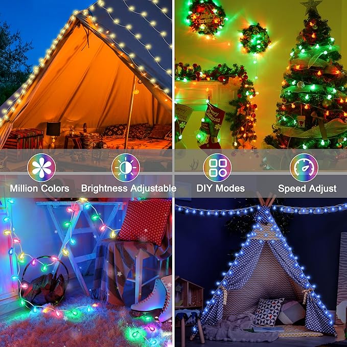 Smart Christmas String Lights Indoor, 29.5ft 213 Modes Crystal Fairy Lights, 60LED Color Changing Globe Decorative Hanging Lights with APP Remote Music for Bedroom Party Girl Gift Tent Wall Xmas Décor