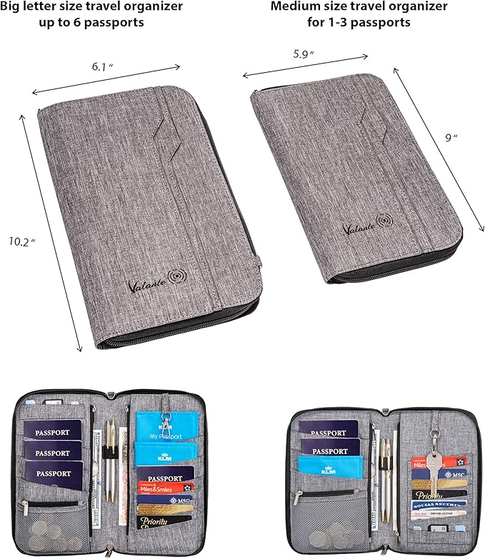 Valante Premium Family Travel Document Organizer Capacious RFID Passport Holder Wallet (Large, gray)