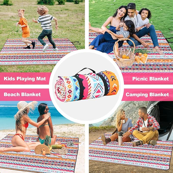 PY SUPER MODE Picnic Blankets Extra Large, Waterproof Foldable Outdoor Beach Blanket Oversized 83x79” Sandproof, 3-Layer Picnic Mat for Camping, Hiking, Travel, Park, Concerts-Bohemian Brown