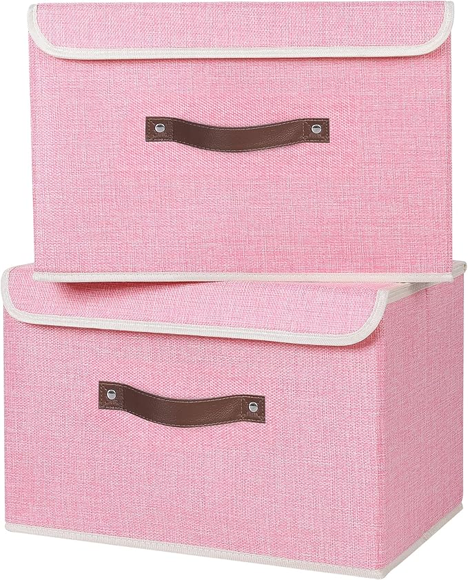 ANMINY 4PCS Storage Bins with Lid PU Leather Handles Storage Boxes PP Plastic Board Decorative Foldable Lidded Cotton Linen Fabric Home Cubes Baskets Closet Organizer Containers - Pink, Large Size