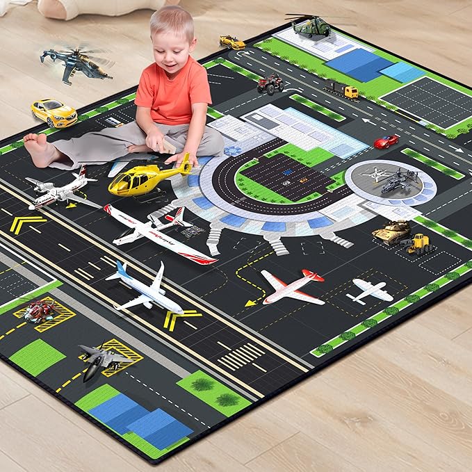Play Rug for Playroom 59"x39" Airport Carpet for Kids Bedroom with Combined City Road Traffic System Aircraft Runway Playmat Rugs Carpet Non-Slip Washable Area Mat