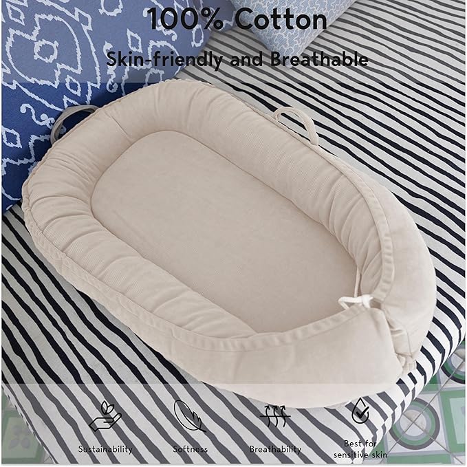 Infant Lounger, Baby Nest Cover for Baby Girls & Boys, Newborn Essentials for Baby 0-18+ Months, 100% Cotton Breathable(CreamyWhite, Corduroy)