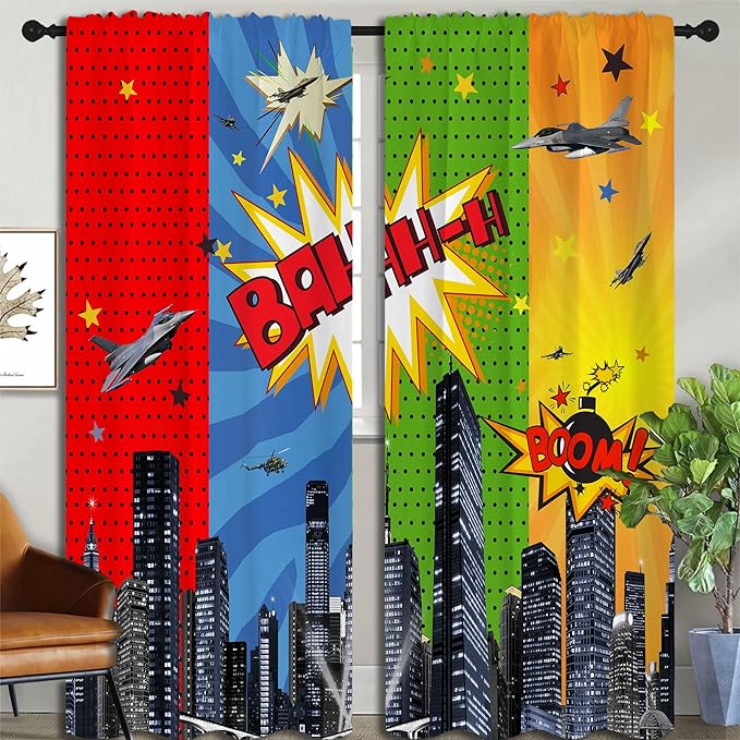 Superhero Rod Pocket Blackout Curtains for Boy Girl Bedroom, City War Explosion Comics Art Home Energy Efficient Light Filtering Window Curtain for Living Room, 84x63 inch