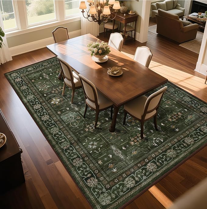 5x7 Washable Area Rug for Living Room Dining Room, Distressed Non Slip Vintage Floral Rugs for Bedroom, Traditional Indoor Floor Carpet for Dining Kitchen Farmhouse Dark Green