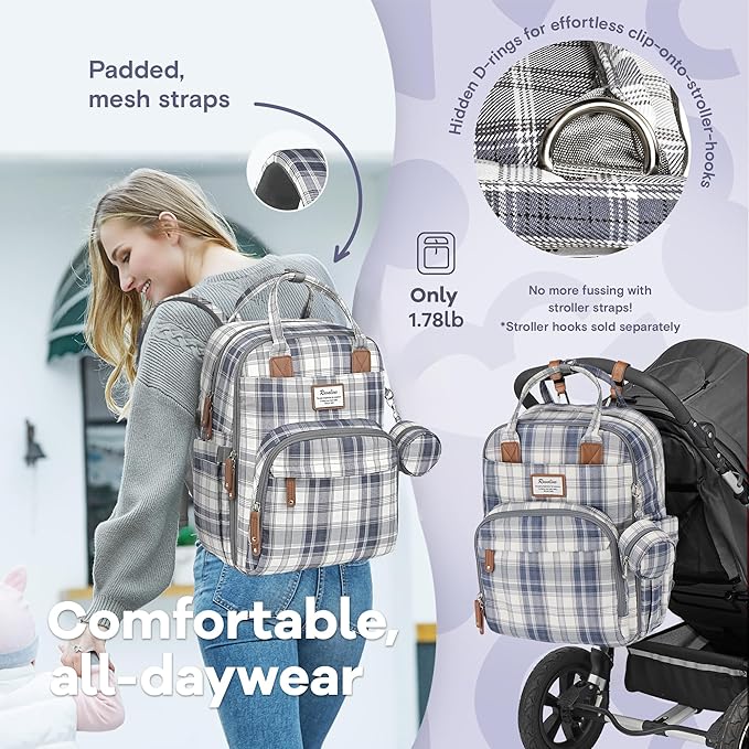 RUVALINO Diaper Bag Backpack, Multifunction Travel Pack Maternity Baby Changing Bags, Large Capacity, Waterproof, Blue Plaid
