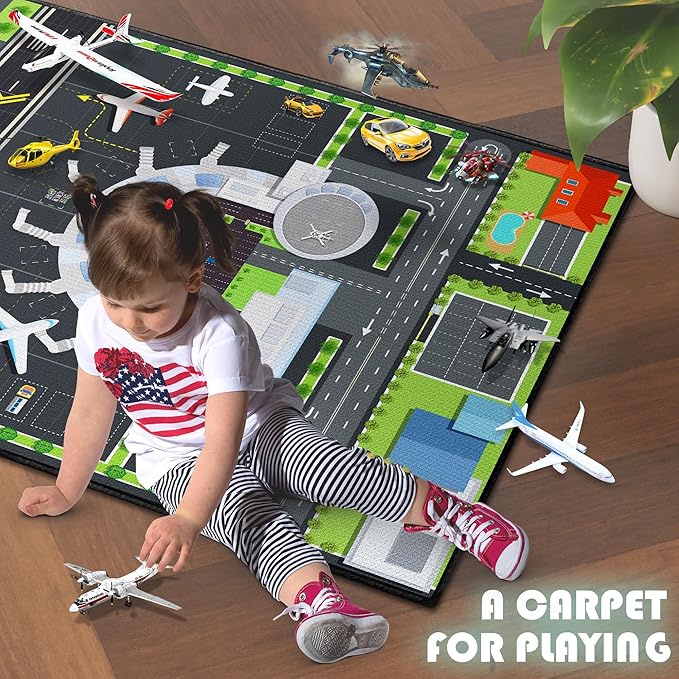 Play Rug for Playroom 59"x39" Airport Carpet for Kids Bedroom with Combined City Road Traffic System Aircraft Runway Playmat Rugs Carpet Non-Slip Washable Area Mat