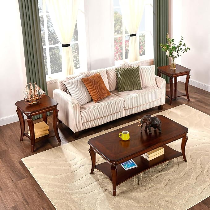 Traditional Distressed Farmhouse Style Coffee Table Set, 2-Piece Solid Wood - Image 6