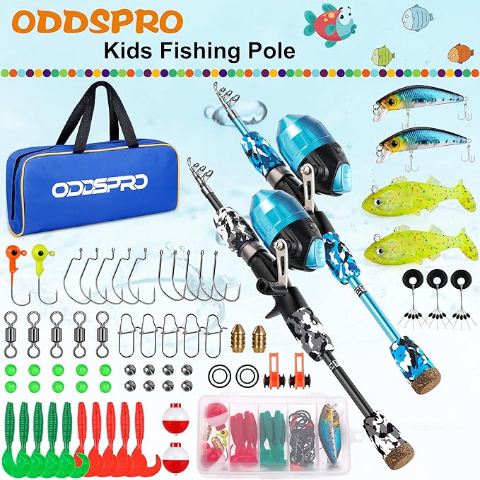 ODDSPRO Kids Fishing Pole Pink, Portable Telescopic Fishing Rod and Reel Combo Kit - with Spincast Fishing Reel Tackle Box for Girls, Youth