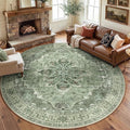 RELEANY Area Rugs Round 8ft Washable Non-Slip, Floral Vintage Distress Print by RELEANY