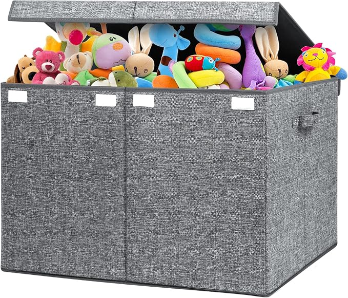popoly 122L Large Toy Chest Box with Lid, Foldable Toy Storage Organizer Bin Boxes with Removable Divider for Kids, Boys, Girls, Nursery, Playroom, 26"x17" x17"(Linen Gray)