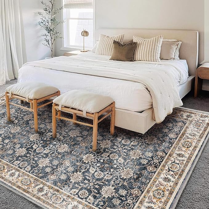 Area Rug 5'x7' Washable Rug Vintage Traditional Floor Cover Thin Retro Kitchen Indoor Distressed Non Slip Carpet for Living Room Bedroom Dining Room