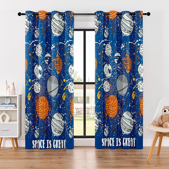 Kids Space Planet Blackout Curtains - 100% Blackout, Thermal Insulated, Noise Reducing, Perfect for Kids Room and Nursery, 2 Panels (Space-is-Great, W52×L84)