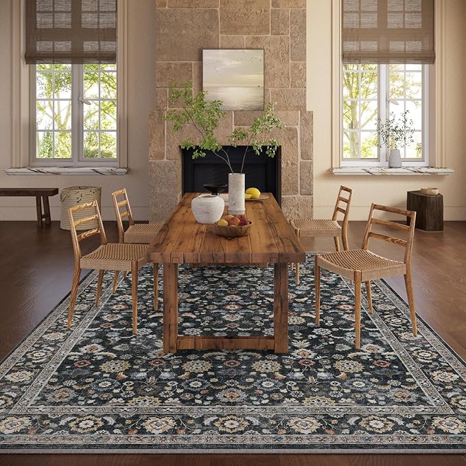 Washable Area Rugs for Living Room: 8x10 Bedroom Rug Vintage Boho Area Rug Stain Resistant Non Slip Low Pile Lightweight Soft Carpets for Living Room Dining Room Kitchen Nursery Kids Room Farmhouse