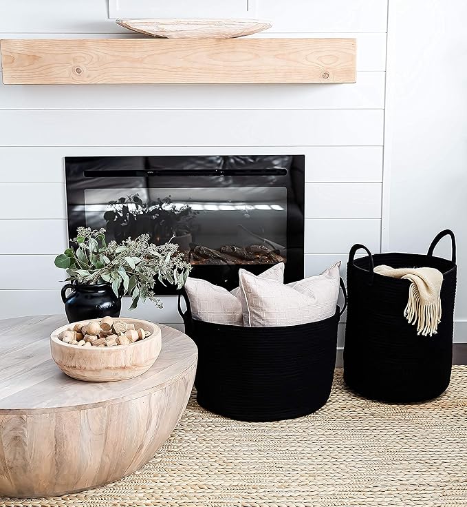 OrganiHaus Woven Laundry Basket - Large Round Black Rope Basket for Dirty Clothes, Blankets, Toys & Nursery Organizers - 38x45cm