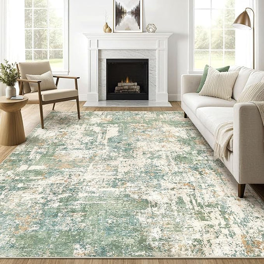 8x10 Area Rugs Living Room: Washable Large Abstract Soft Green Rug Stain Resistant Indoor Floor Non-Slip Accent Carpet for Men Modern Home Enthusiasts Aged 25-45 - Bedroom Office Playroom