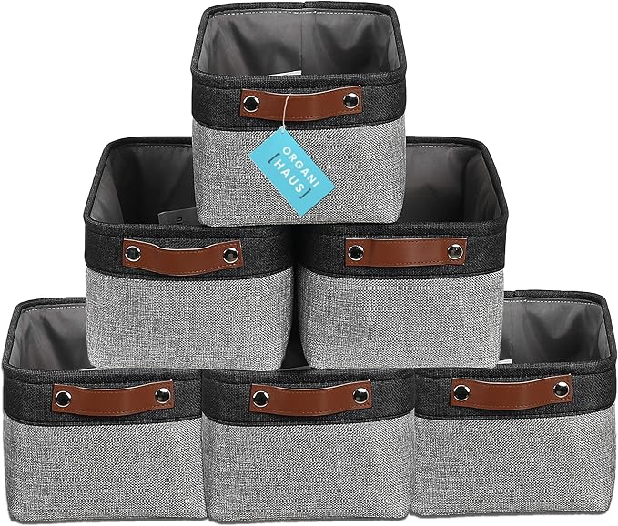 OrganiHaus Small Fabric Storage Baskets for Shelves 6 Pack, 12x8in Closet Storage Bins for Shelves, Cloth Baskets for Organizing, Linen Closet Organizers, Fabric Basket, Gray/Black