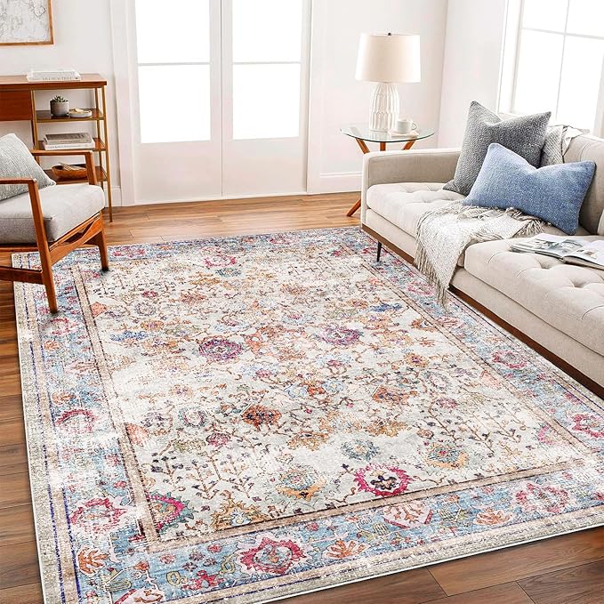 Washable 9'x12' Area Rug Vintage Traditional Distressed Indoor Foldable Thin Retro Accent Floral Non Slip Carpet Living Room Dining Room Office