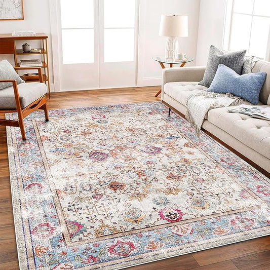 Washable 9'x12' Area Rug Vintage Traditional Distressed Indoor Foldable Thin Retro Accent Floral Non Slip Carpet Living Room Dining Room Office