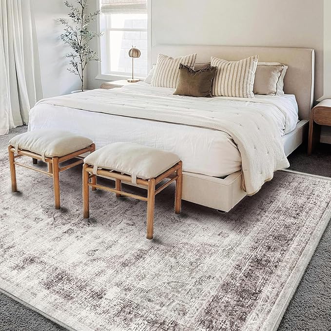 Washable Area Rug 9'x12' Floral red Boho Design Non-Shedding Easy Care Ideal for High Traffic Areas in Living Room Bedroom Office Coffee Table Kitchen Large Carpet