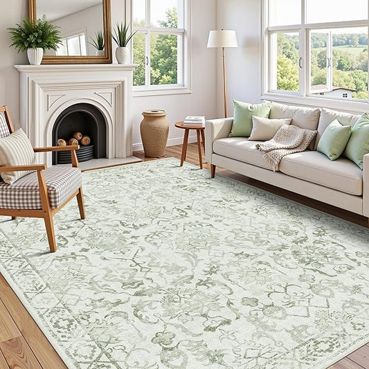 Sage Vintage Area Rug 5x7 for Living Room Bedroom, Washable Distressed Farmhouse Soft Thin Non-Shedding Indoor Throw Rug, Traditional Accent Carpet for Bedroom Office