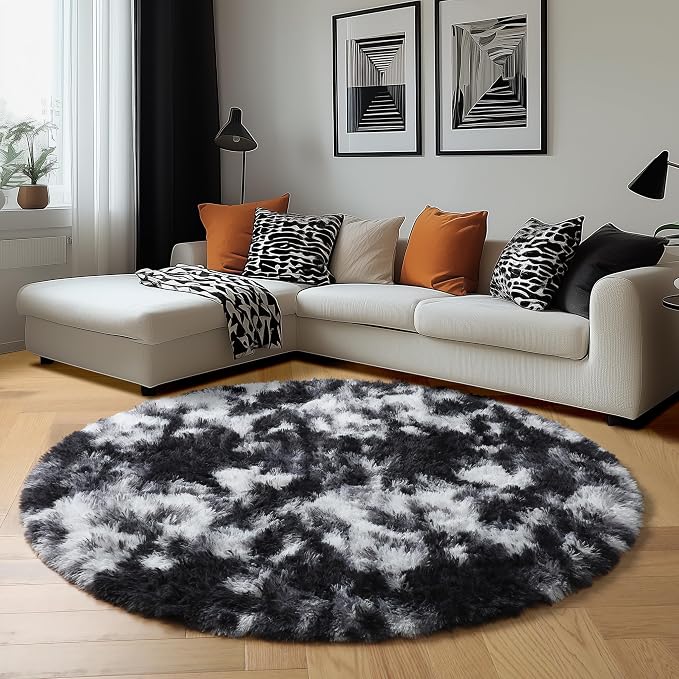 Amdrebio Black White Grey Round Rug 5Ft Circle Area Rugs - Image 6