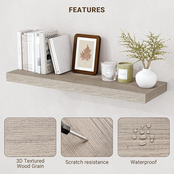Acovy 24 Inch Floating Shelves, 3D Textured Wood Grain, Wooden Shelves - Image 5