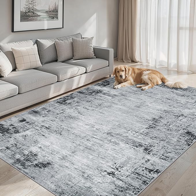 Area Rugs Living Room Rug - 5x7 Washable Modern Abstract Soft Neutral Non-Slip Carpet Large Indoor Floor Thin Carpets for Bedroom Dining Room Farmhouse Nursery Home Office Black