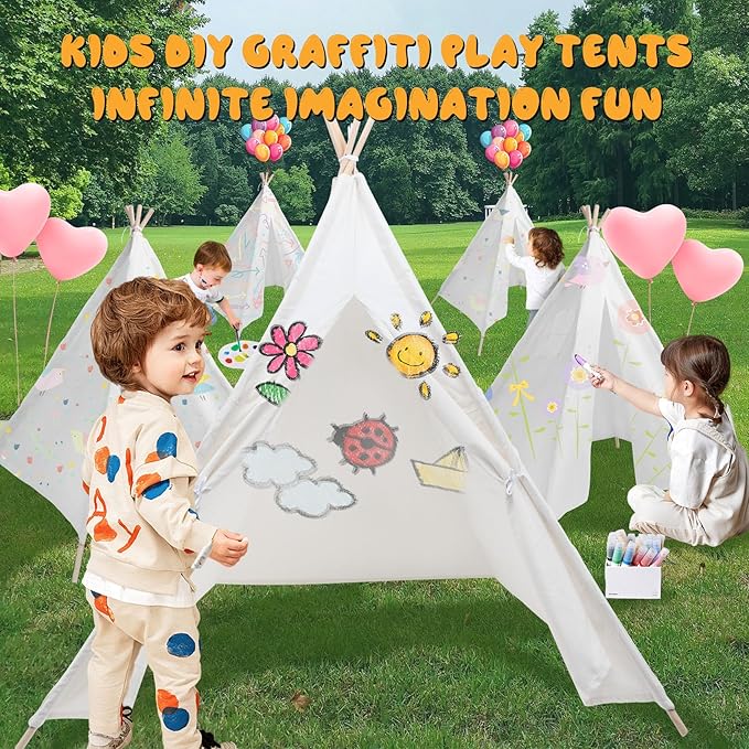 6 Pack Teepee Tent for Kids [Thickened] with Light String and Inflatable Airbed, Slumber Party Tents, Sleepover Tents Party for Girls Boys Indoor Outdoor (White)