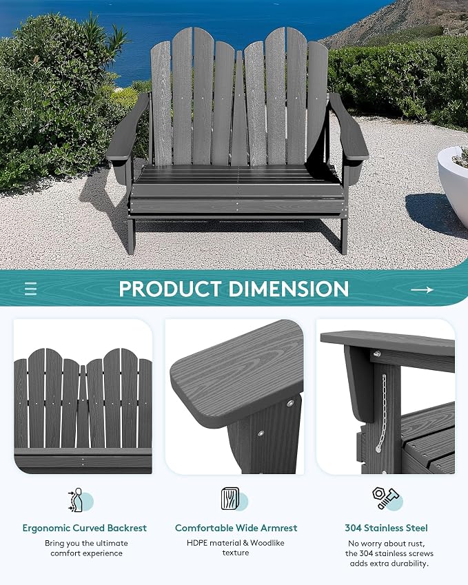 SERWALL Adirondack Bench, HDPE All-Weather Adirondack Loveseat, Outdoor - Image 6