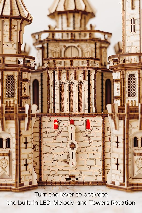 Wood Trick Dragon Castle Movable Wooden 3D Puzzles for Adults and Kids to Build - Red LED - Greensleeves Melody - Towers Rotating - Engineering DIY Project Mechanical Model Kits for Adults