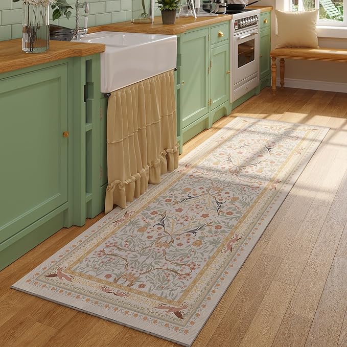 Runner Rug for Kitchen Rug Non Slip 2'x6' Washable Rugs with Rubber Backing Soft Vintage Floral Botanical Carpet Runner for Kitchen, Laundry, Bedroom, Bathroom, Yellow
