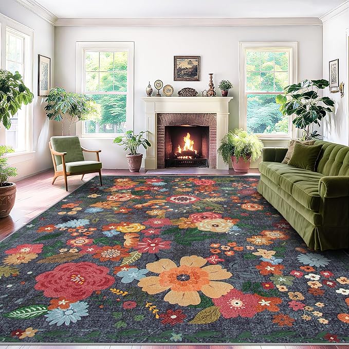 Area Rug Living Room Rugs: 5x7 Washable Rug Vintage Floral Soft Boho Non Slip Carpet Indoor Floor Non Shedding Low Pile Thin Carpets for Bedroom Dining Room Farmhouse Nursery Home Office Black