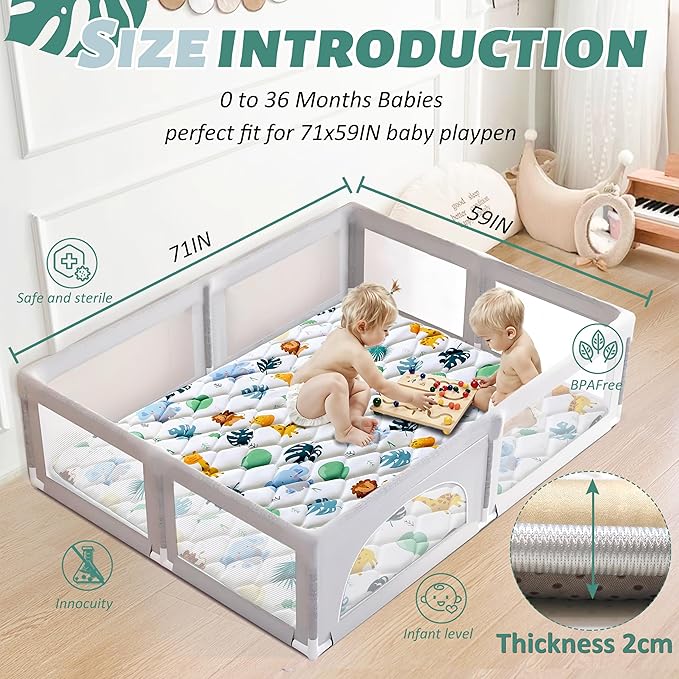 Baby Play Mats for Floor, 71x59 Playpen Mat for Babies, Extra Thicker & Soft Floor Crawling Mat, Foldable Non-Slip Playmat Cushioned for Infants Toddlers, Cute Animal Design