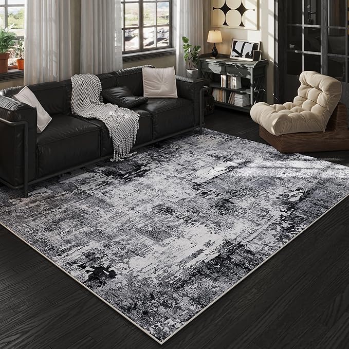 Area Rug 5x7 Washable Rug Boho Soft Abstract Pattern Non-Slip Faux Wool Vintage for Living Room, Bedroom, Farmhouse, Dining Room, Kids Playroom, Grey and Black