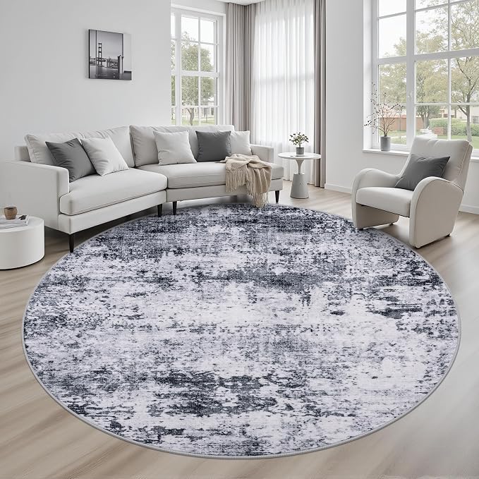Round Area Rug for Living Room: 6 ft Washable Modern Abstract Soft Thin Rug by FXRHLP