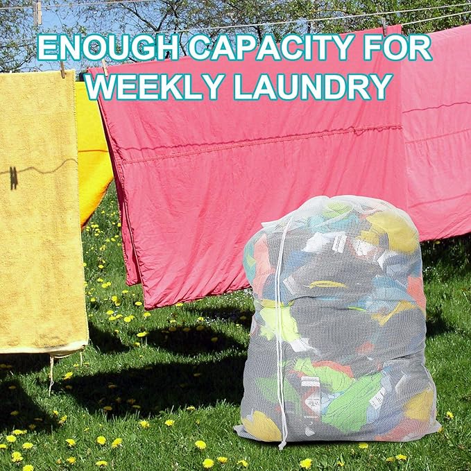 Laundry Bags, Mesh Heavy Duty 24" x 36" with Drawstring Closure, 3-Pack, White